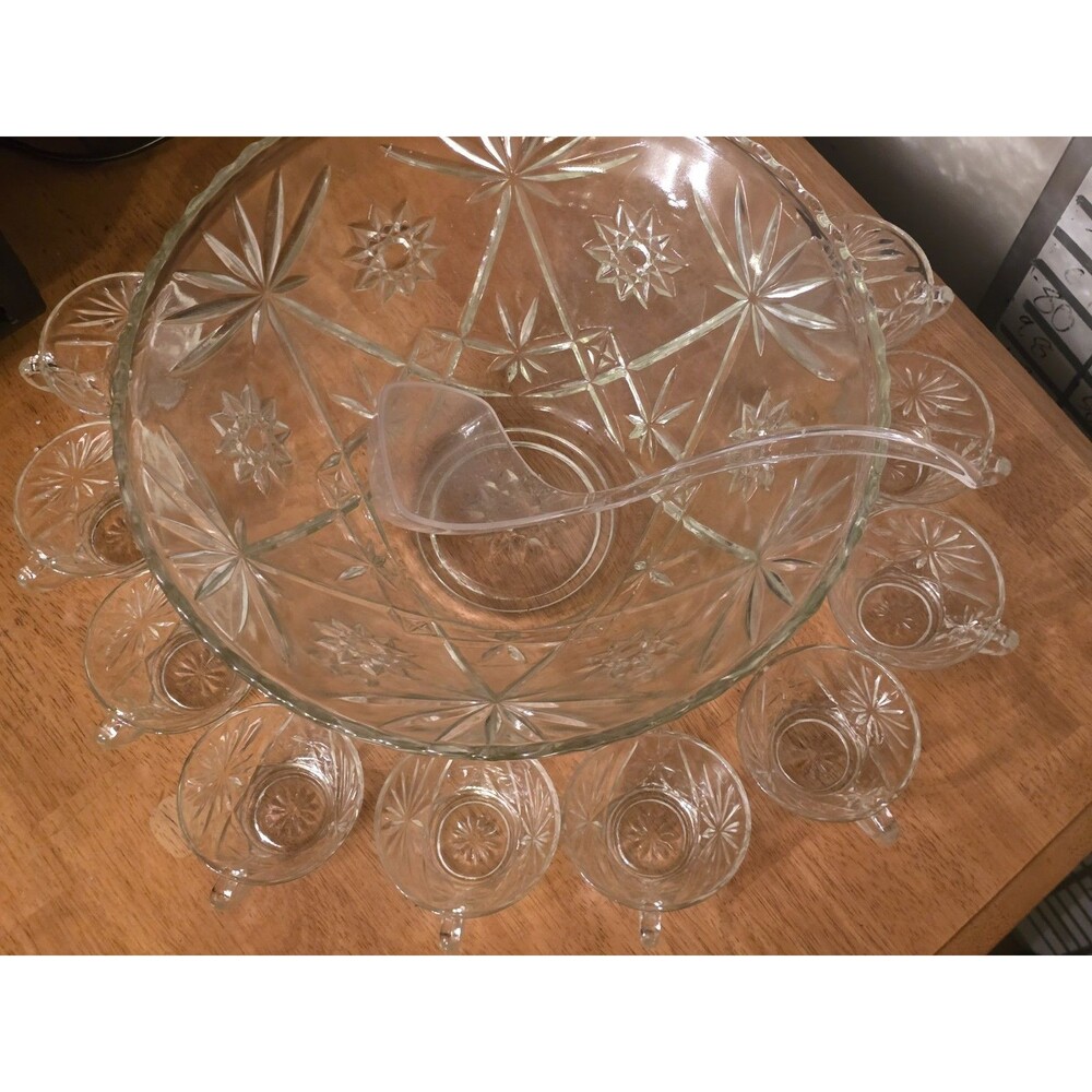 Vtg L.E. Smith Glass Galaxy Punch Bowl Set 12 Cups & Ladle Pinwheel Stars MCM